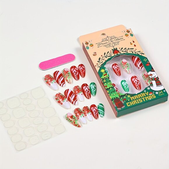 Christmas Press-On Nail Set - Almond Shaped Long Mixed Color Nails - Picture 5 of 5